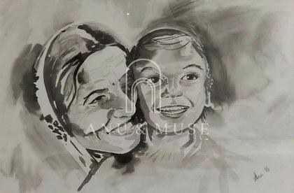 A mother holding her child close, painted in watercolour on paper