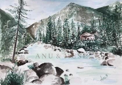A small cabin beneath vast mountains, painted in watercolour on paper