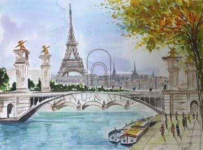 Fragments of Paris architecture, water and light in soft watercolour on paper