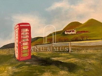 A red telephone box alone in the Scottish Highlands, in clay relief and acrylic