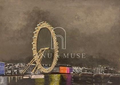 The London Eye in 22K gold leaf over chalk relief against a stormy Thames sky