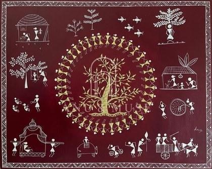 A Tree of Life encircled by Warli figures in 22K gold leaf over chalk relief, contemporary Warli and Tanjore