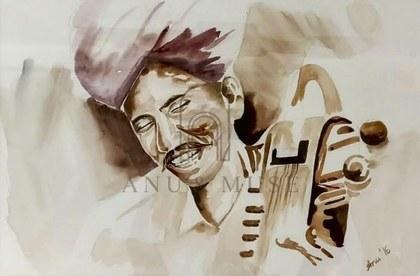 A figure absorbed in a pastime, painted in loose watercolour on paper