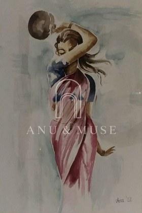 A woman alone and at ease, painted in watercolour on paper